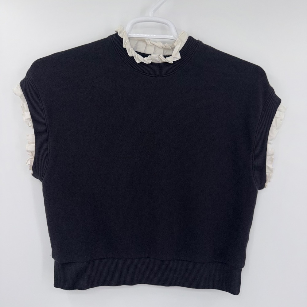 AllSaints Agata Ruffle Short Sleeve Sweatshirt Black White Cotton Small